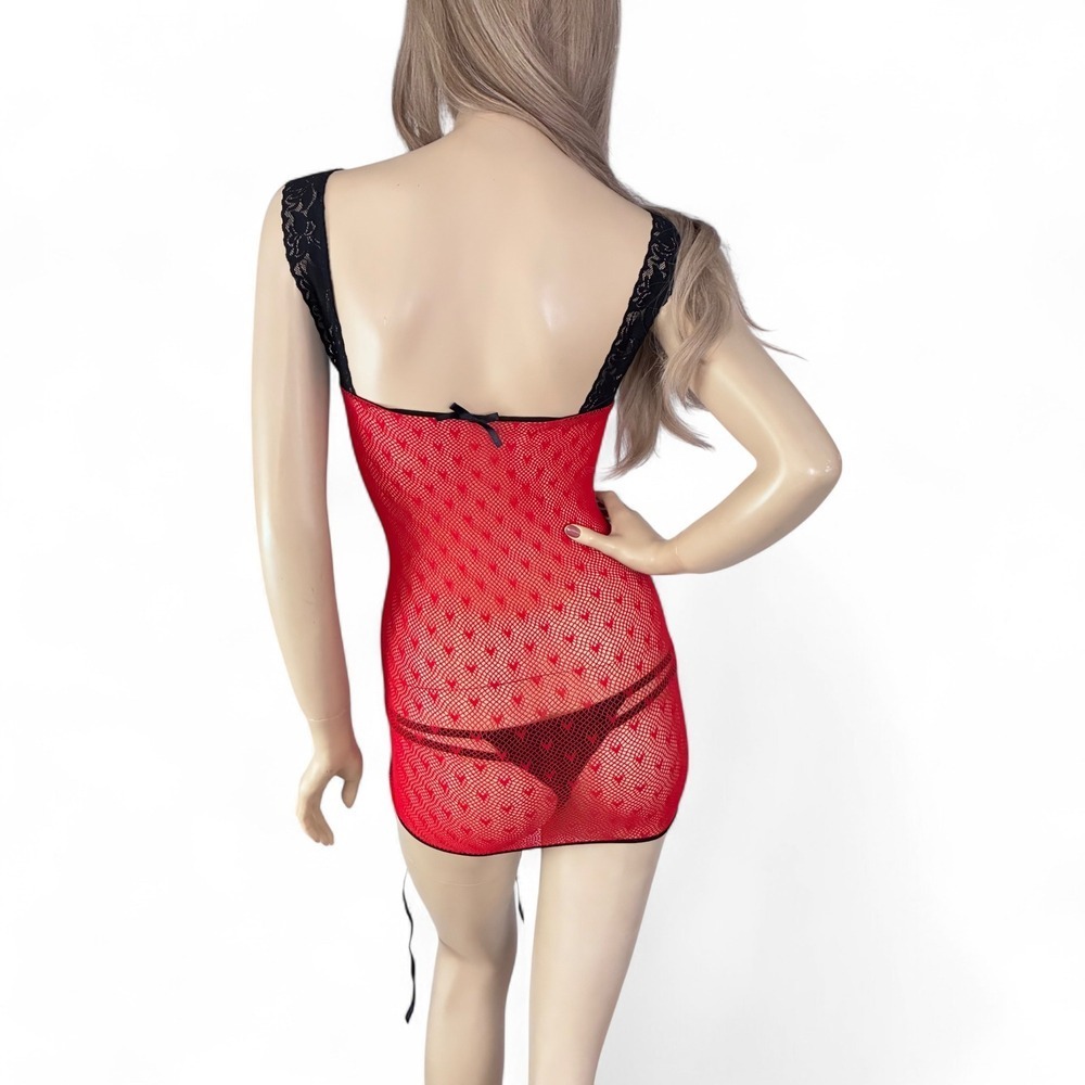 Y2K Red Mesh Chemise Lace Up Sheer Lingerie Heart Print Small - Picture 3 of 11